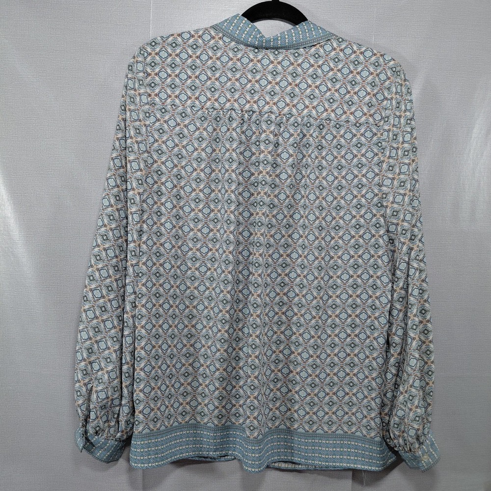 Max Studio Semi Sheer Chiffon Button Up Long Sleeve Blouse LG Geometric Blue - Picture 2 of 10